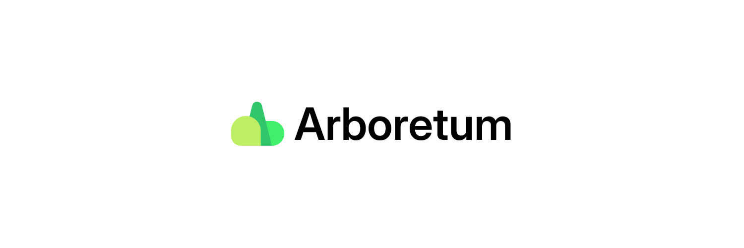Three abstract shapes side-by-side of different shades of green to represent trees and other plants in an arboretum next to the word "Arboretum" in black against a white background